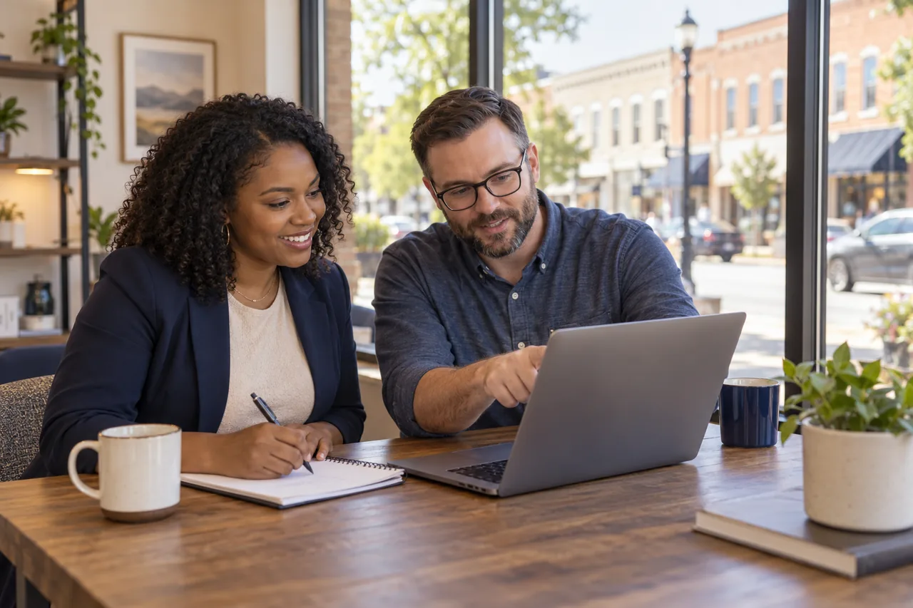 Small business owner and digital consultant planning a website together at a laptop