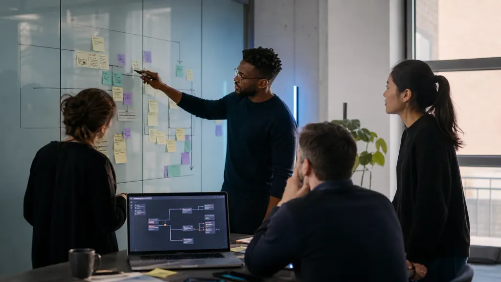 Generic editorial product team mapping a workflow during a discovery workshop