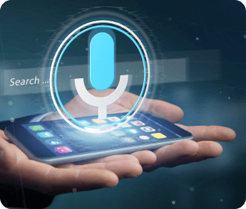 Close-up of a mobile device displaying a voice search interface, illustrating the ease of accessing information hands-free.