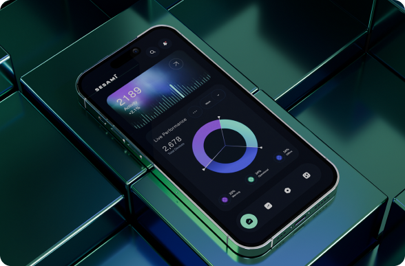 A smartphone with a bright green screen, integrated with a clock, emphasizing the time in a modern design.